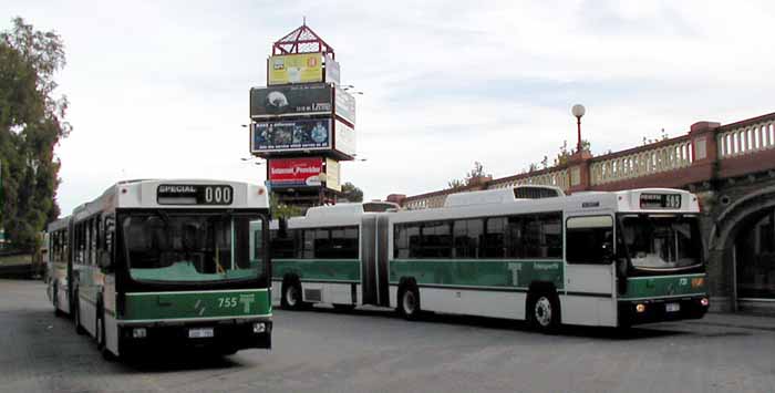 Playing trains in April 2003 on the forecourt of Perth station are 755 