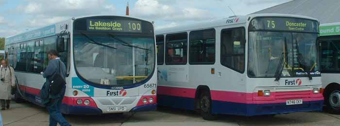 First Essex Scania Wright 65671 & South Yorkshire Volvo B10M Alexander PS 60583